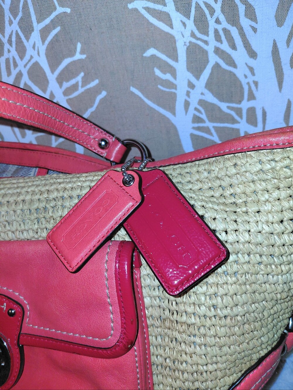 Coach Straw Tote Tangerine & Red Leather Trim Front Pocket L1269-22904 - Picture 2 of 12